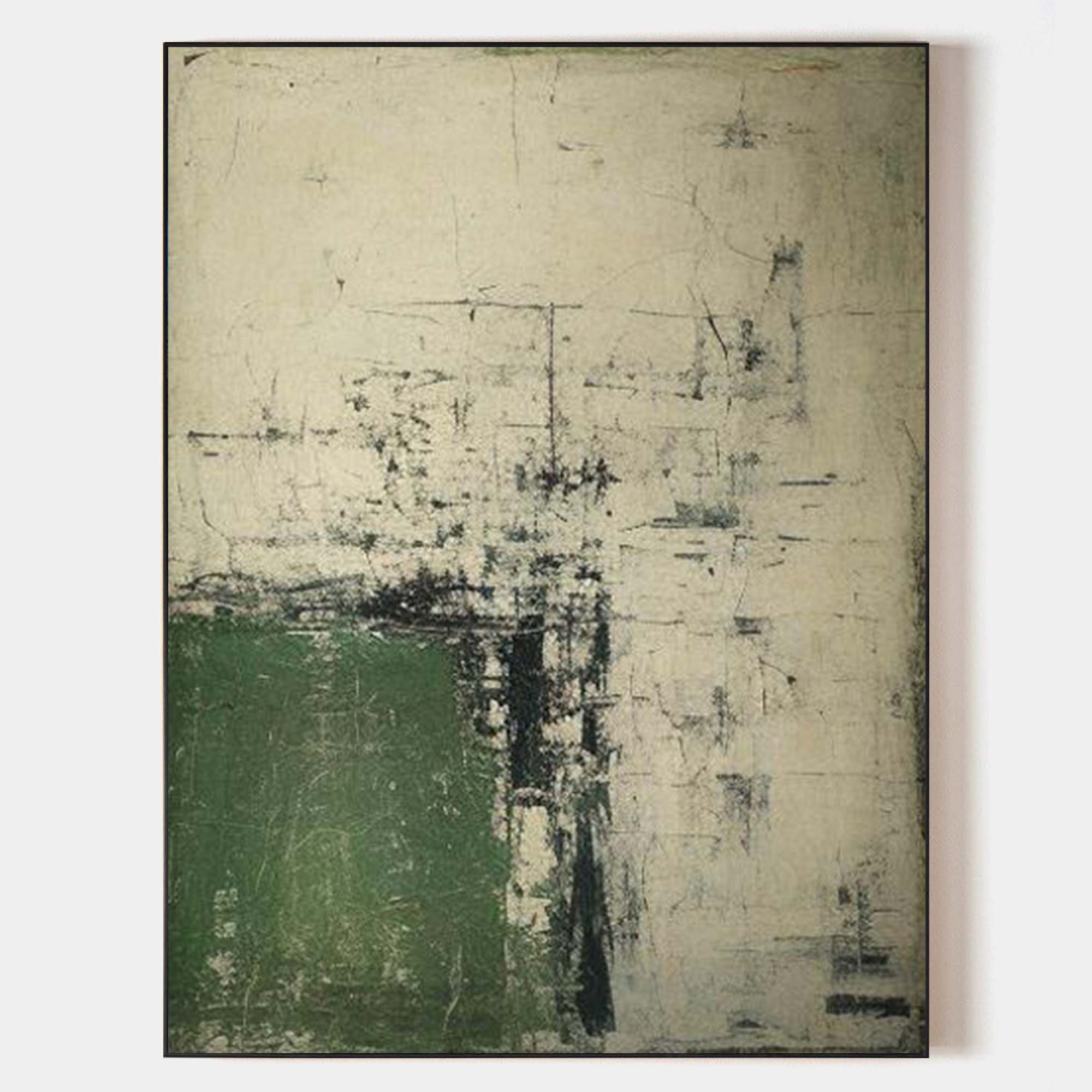 Original hand painted forest green ivory abstract oil painting canvas wall art, nordic scandinavian minimalist elegant luxury modern li