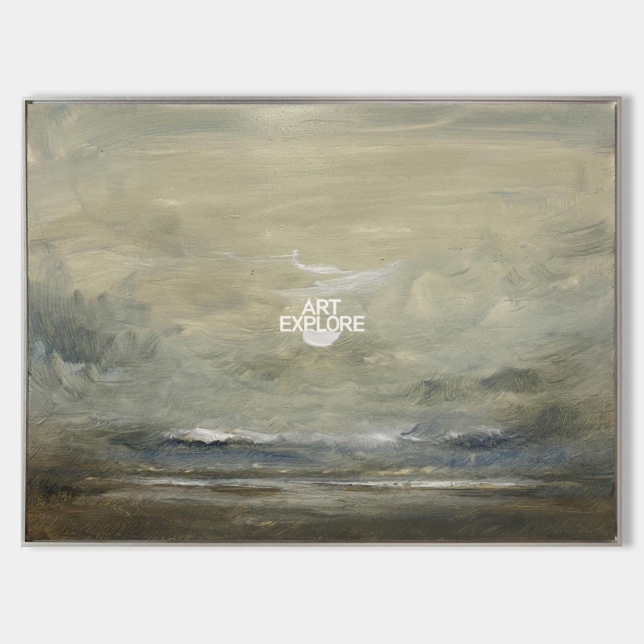 Original hand painted grey-green coastal storm seascape oil painting canvas wall art, nordic scandinavian elegant luxury modern living