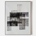 Original hand painted black grey geometric oil painting canvas wall art, overlapping rectangular blocks nordic scandinavian minimalist
