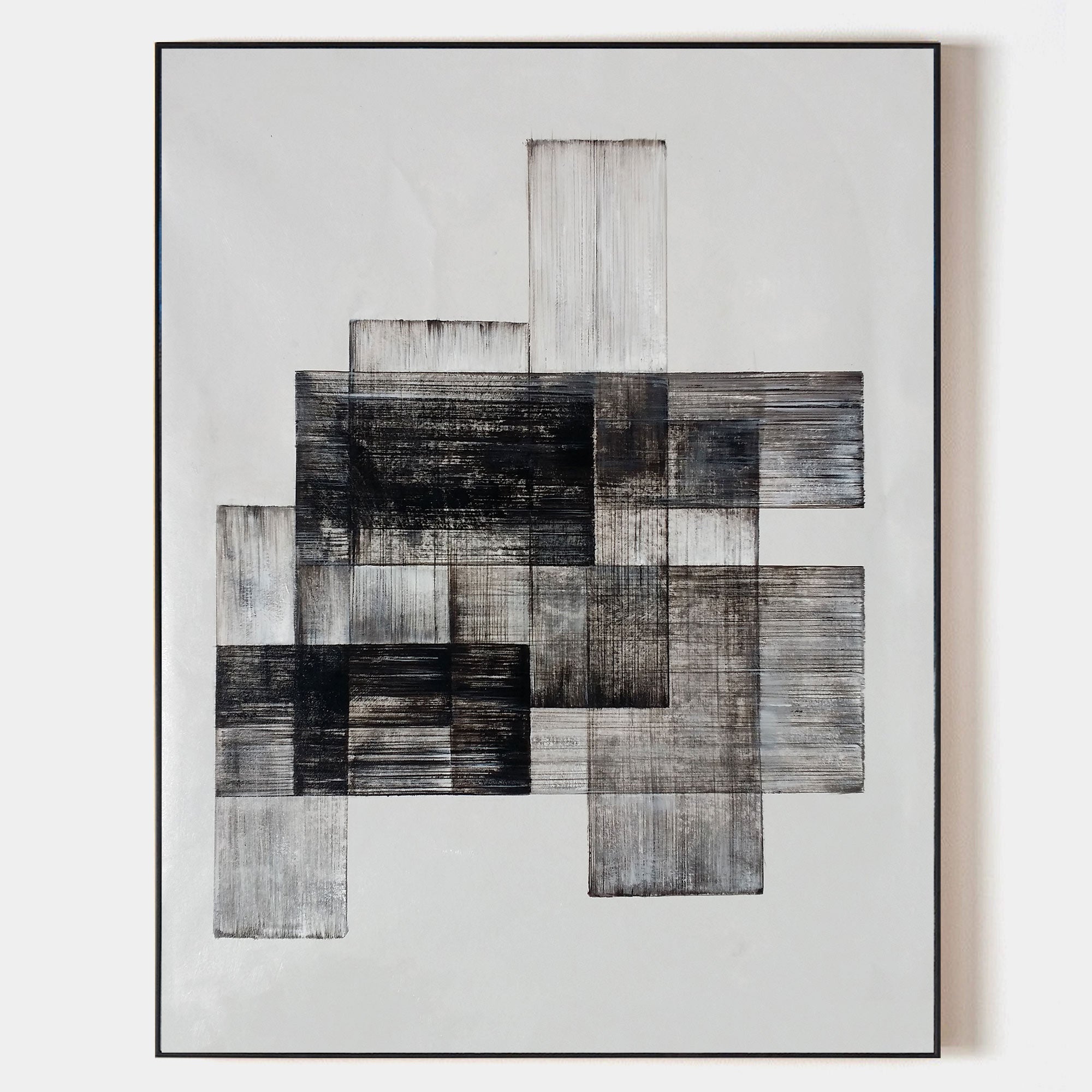 Original hand painted black grey geometric oil painting canvas wall art, overlapping rectangular blocks nordic scandinavian minimalist