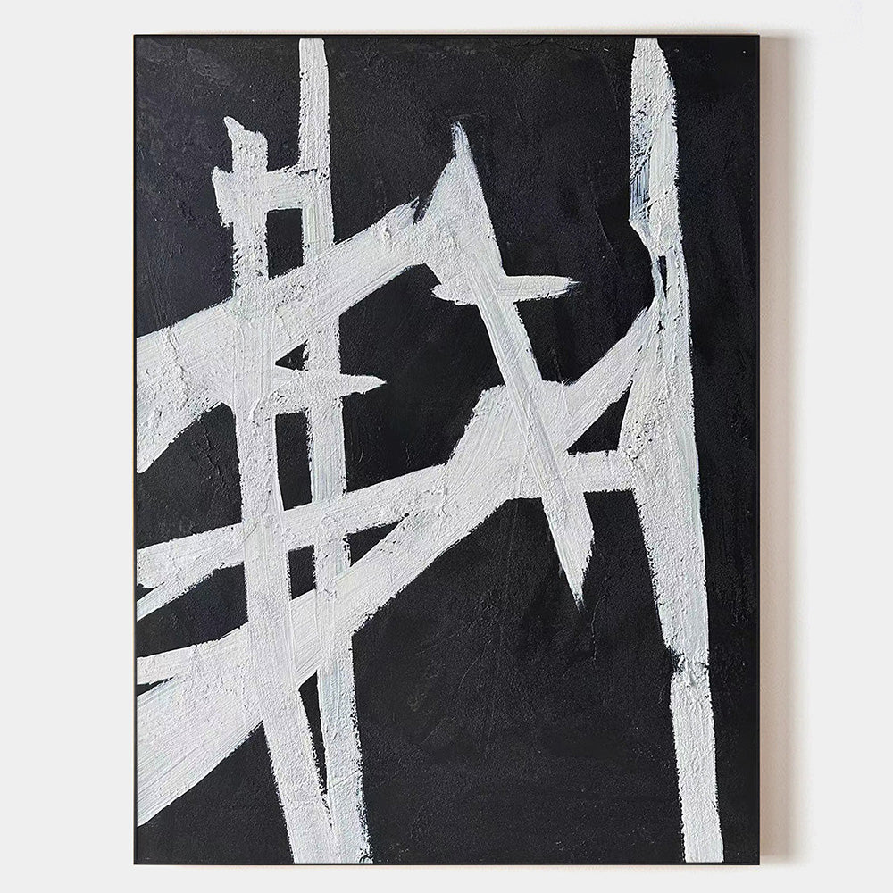 Original hand painted black white gestural abstract oil painting canvas wall art, nordic scandinavian minimalist elegant luxury modern