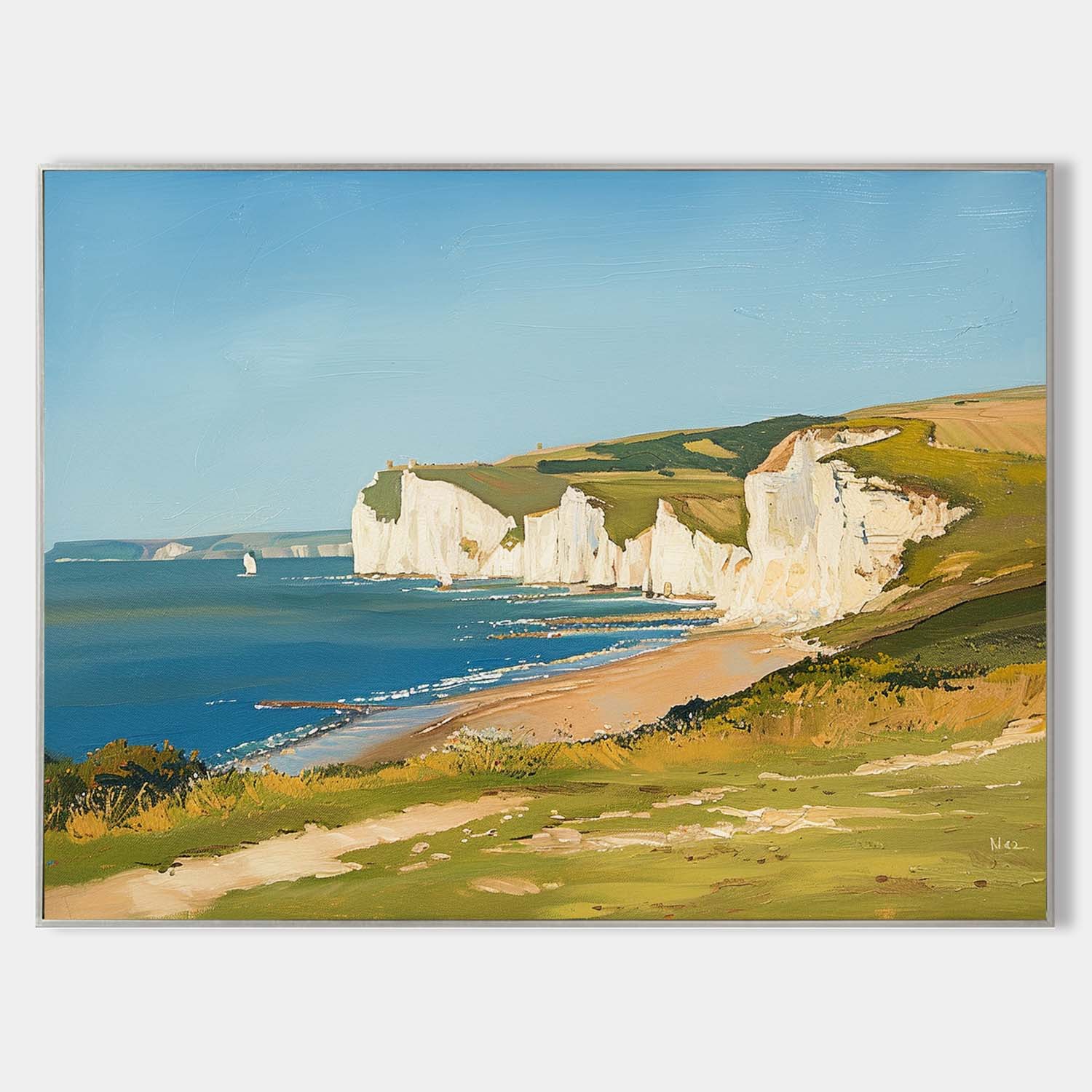 Original hand painted white chalk coastal cliffs oil painting canvas wall art, elegant luxury modern nordic scandinavian living room ho