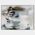 Original hand painted coastal abstract oil painting, misty white slate blue brown brushstrokes, elegant nordic scandinavian luxury mode
