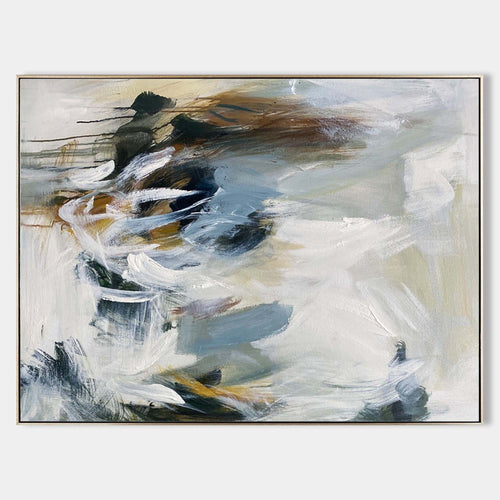 Original hand painted coastal abstract oil painting, misty white slate blue brown brushstrokes, elegant nordic scandinavian luxury mode