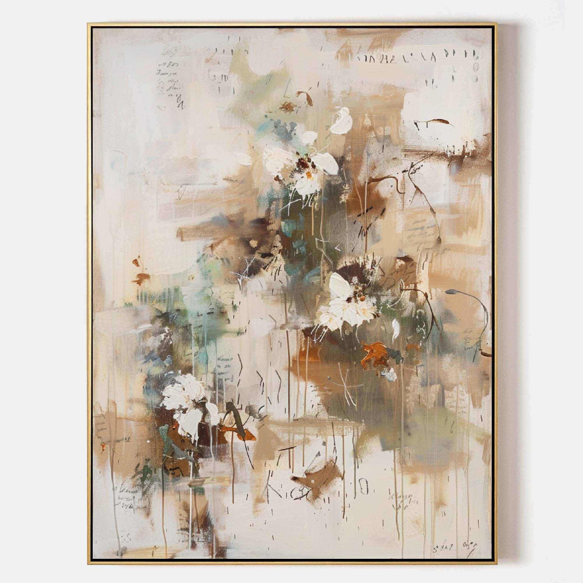 Original hand painted abstract botanical oil painting canvas wall art, white flowers earthy beige teal elegant luxury modern nordic sca
