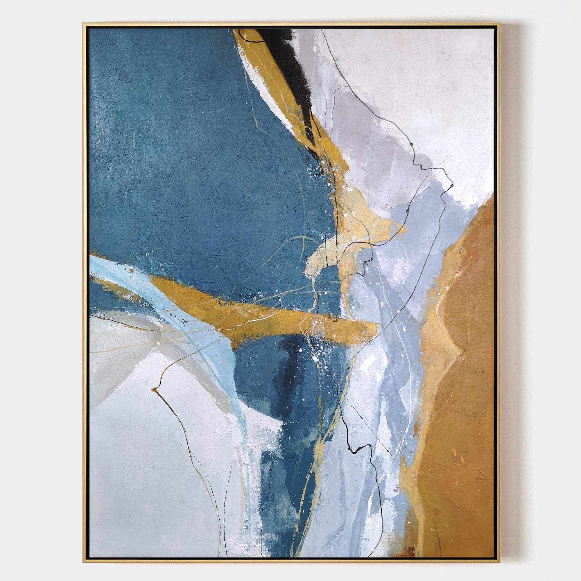 Original hand painted teal blue gold abstract oil painting canvas wall art, nordic scandinavian elegant luxury modern coastal living ro