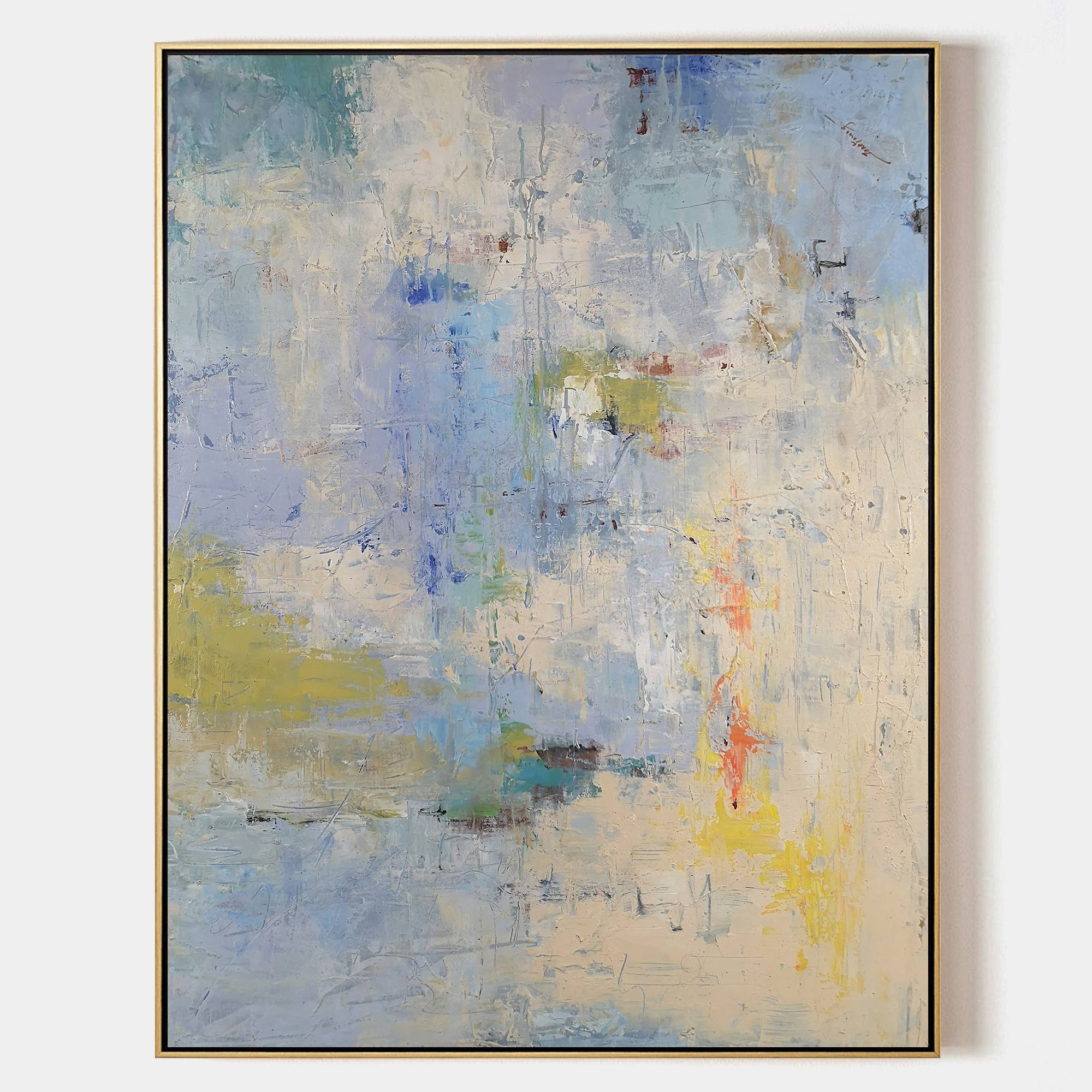 Original hand painted blue lavender cream abstract oil painting canvas wall art, nordic scandinavian elegant luxury modern living room