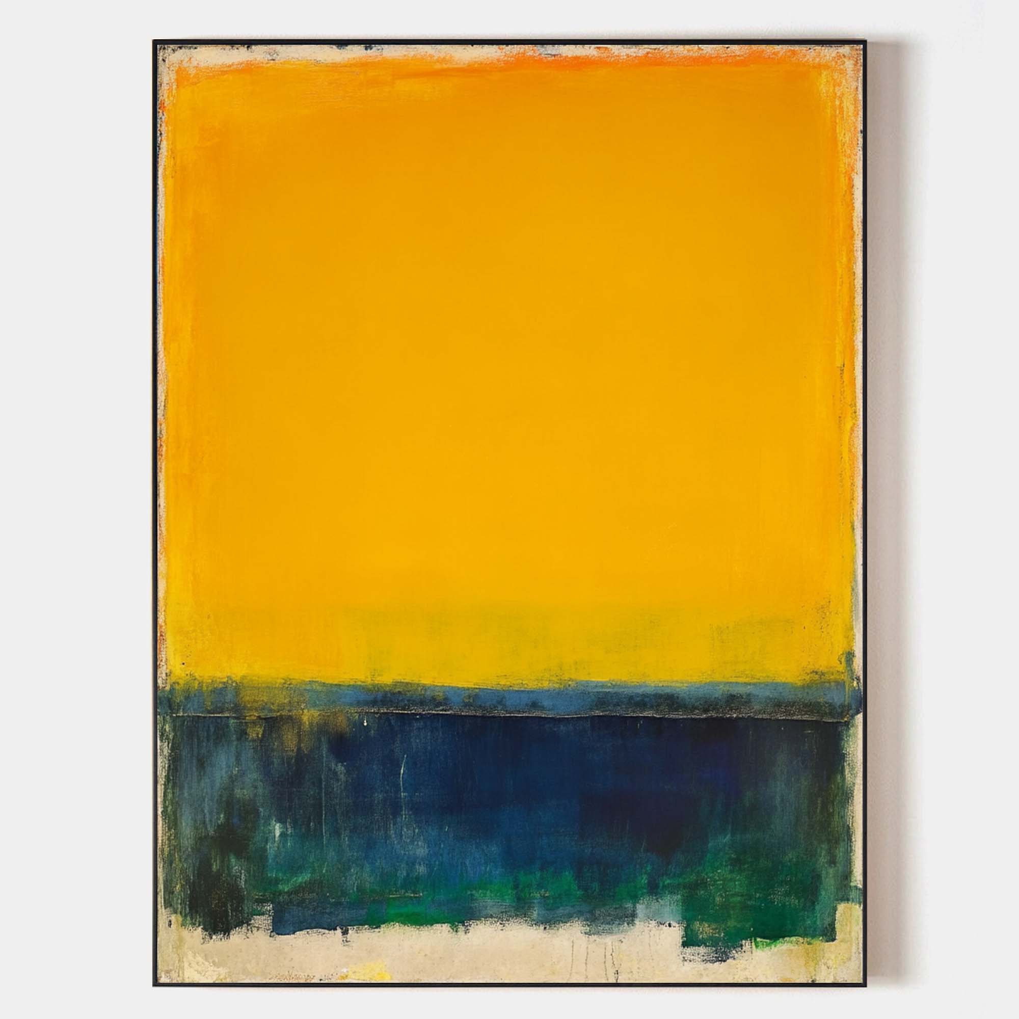 Original hand painted amber yellow navy blue abstract oil painting canvas wall art, nordic scandinavian minimalist elegant luxury moder