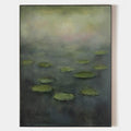 Original hand painted green lily pad oil painting on slate blue canvas, minimalist nordic scandinavian elegant luxury modern living roo