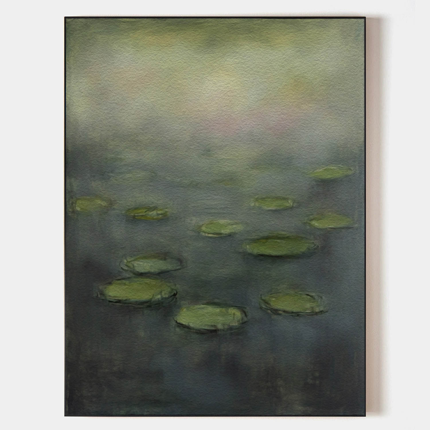 Original hand painted green lily pad oil painting on slate blue canvas, minimalist nordic scandinavian elegant luxury modern living roo