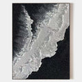 Hand painted original black white abstract coastal oil painting canvas, white sea foam waves on dark sand, minimalist nordic elegant lu