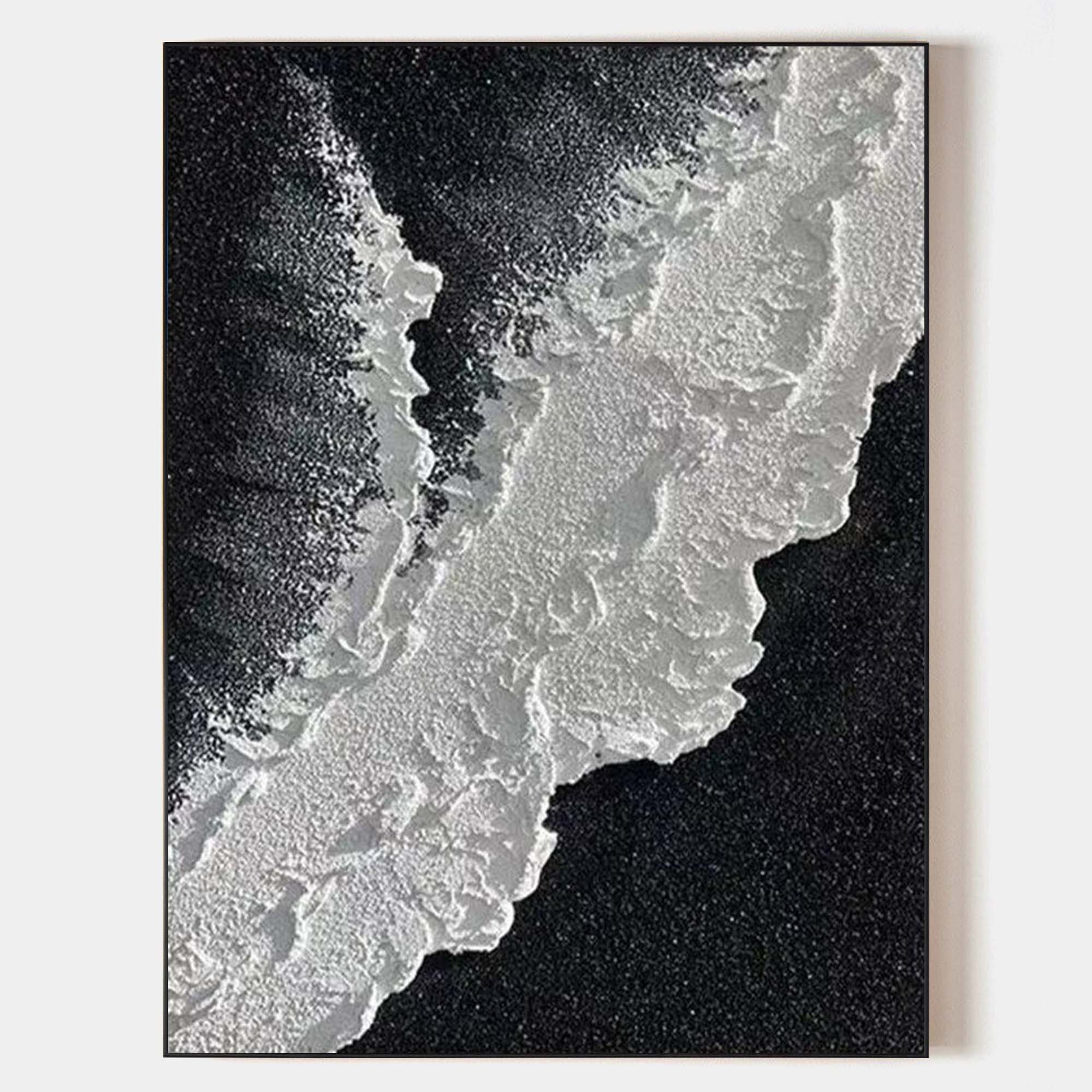 Hand painted original black white abstract coastal oil painting canvas, white sea foam waves on dark sand, minimalist nordic elegant lu