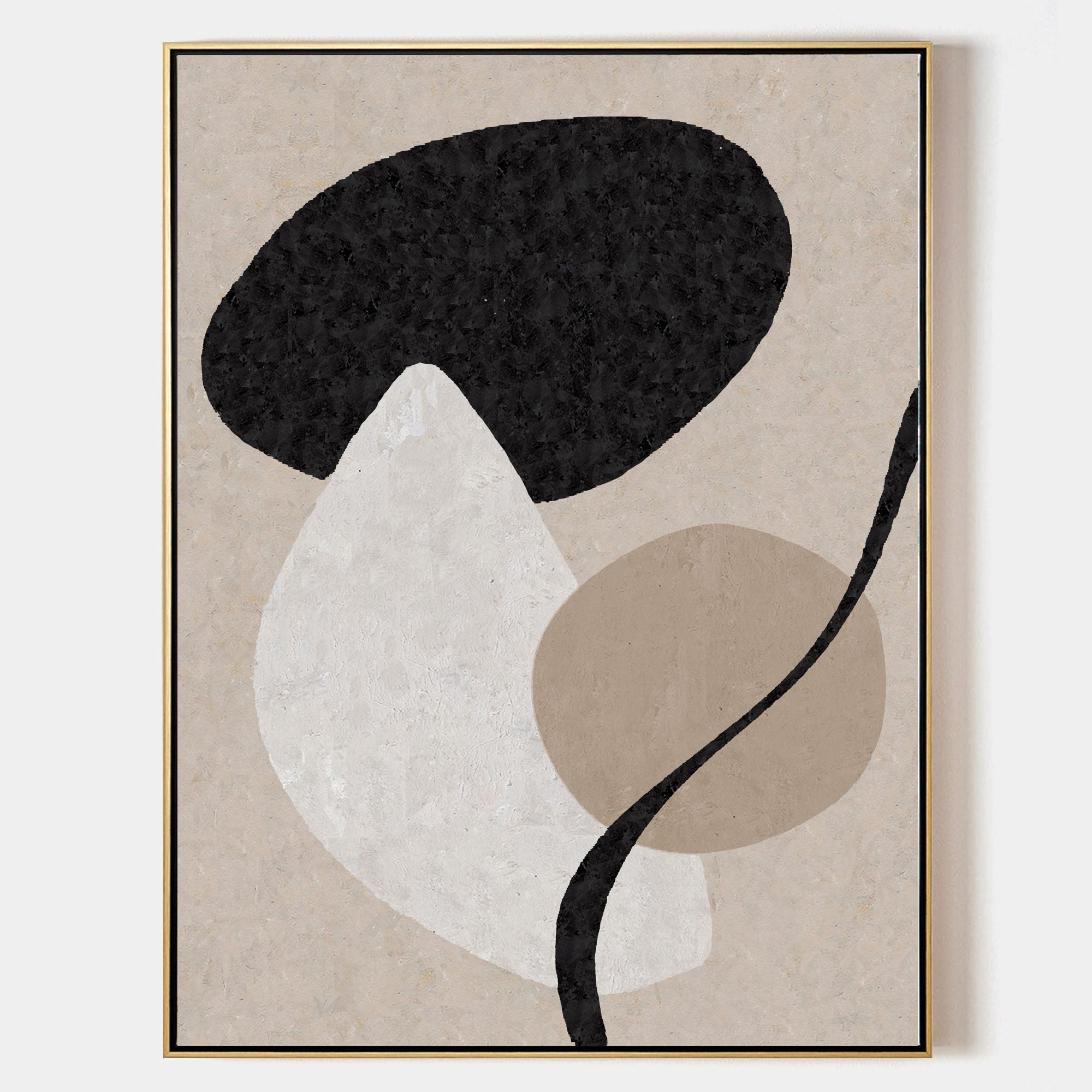 Original hand painted black white taupe organic shapes abstract oil painting canvas wall art, nordic scandinavian minimalist elegant lu
