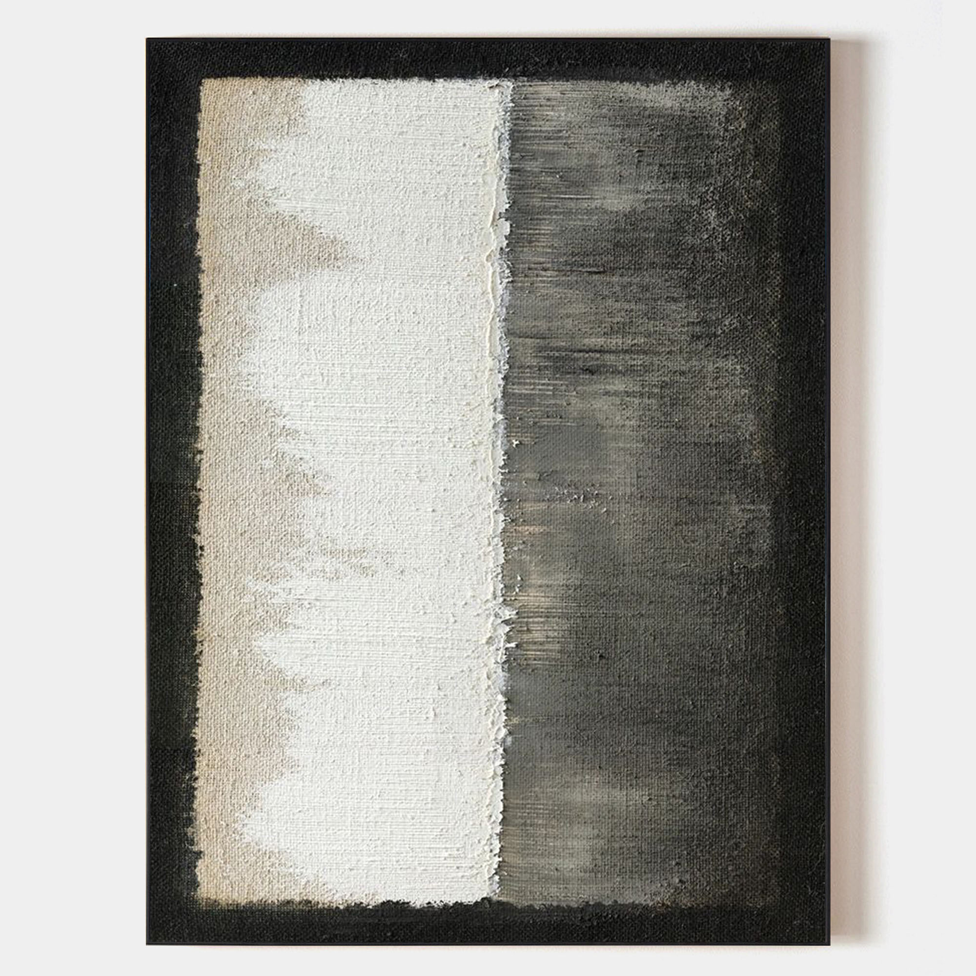 Original hand painted black white vertical split abstract oil painting canvas wall art, nordic scandinavian minimalist elegant luxury m