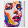 Original hand painted vibrant abstract portrait oil painting canvas, bold orange purple blue palette knife strokes, elegant modern luxu