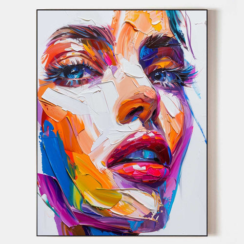 Original hand painted vibrant abstract portrait oil painting canvas, bold orange purple blue palette knife strokes, elegant modern luxu