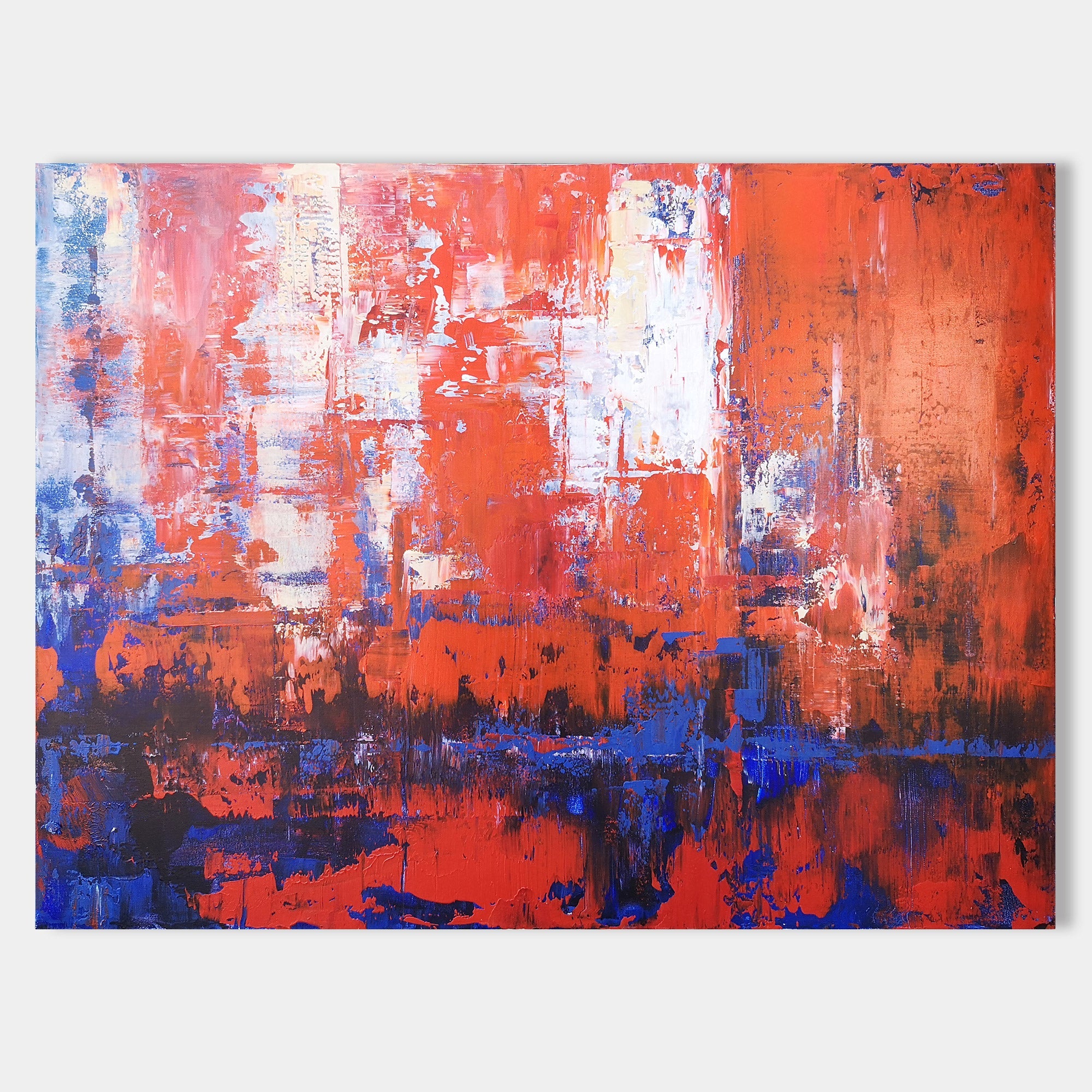 Original hand painted crimson red cobalt blue abstract oil painting canvas wall art, modern elegant luxury nordic scandinavian home dec