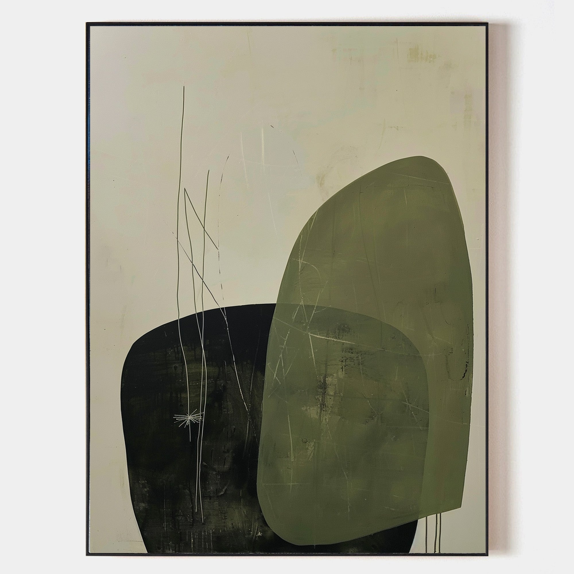 Original hand painted sage green charcoal abstract oil painting canvas wall art, nordic scandinavian minimalist elegant luxury modern l