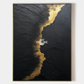 Original hand painted black gold textured abstract oil painting canvas wall art, bold gold vein streak, luxury elegant modern nordic sc