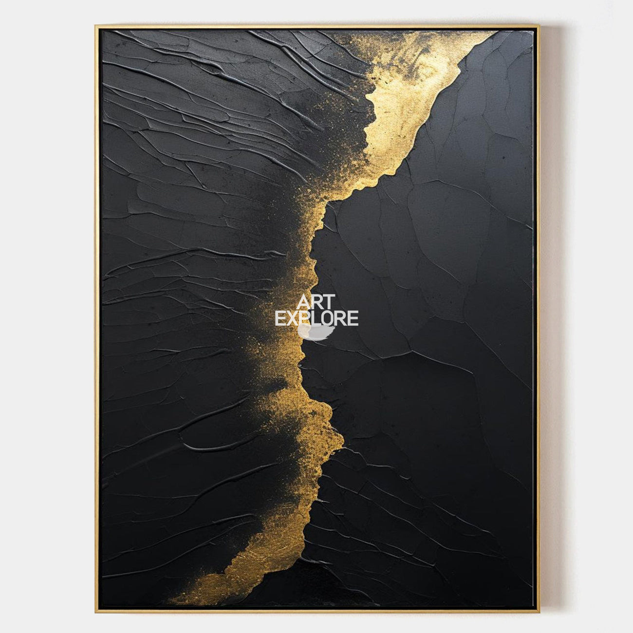 Original hand painted black gold textured abstract oil painting canvas wall art, bold gold vein streak, luxury elegant modern nordic sc