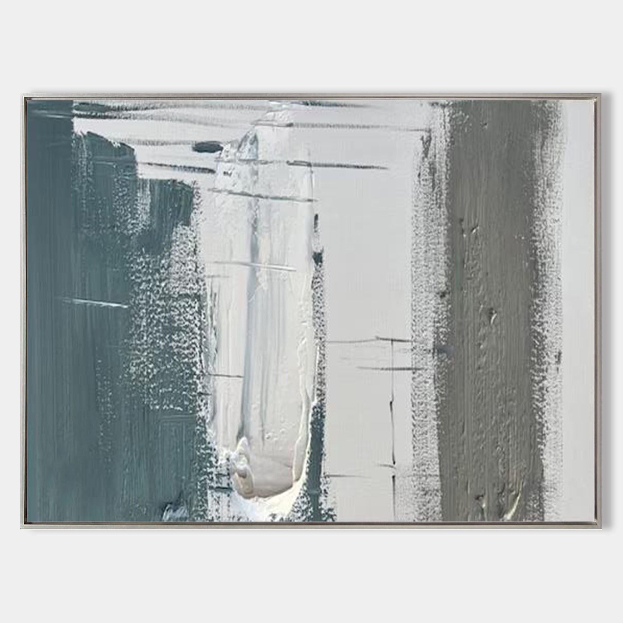 Original hand painted teal grey white abstract oil painting canvas wall art, nordic scandinavian minimalist elegant luxury modern livin
