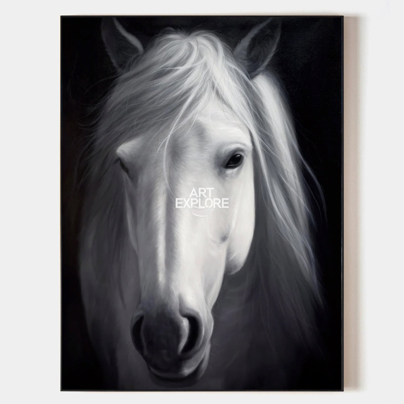 Original hand painted monochrome white horse portrait oil painting canvas wall art, elegant luxury modern nordic scandinavian home deco
