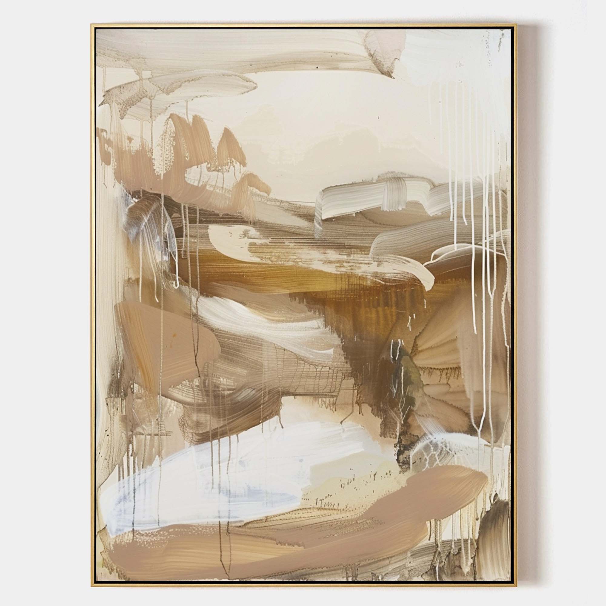 Original hand painted sienna brown ivory abstract oil painting canvas wall art, nordic scandinavian elegant luxury modern living room h