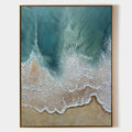Original hand painted teal blue coastal aerial ocean wave oil painting canvas wall art, nordic scandinavian elegant luxury modern home