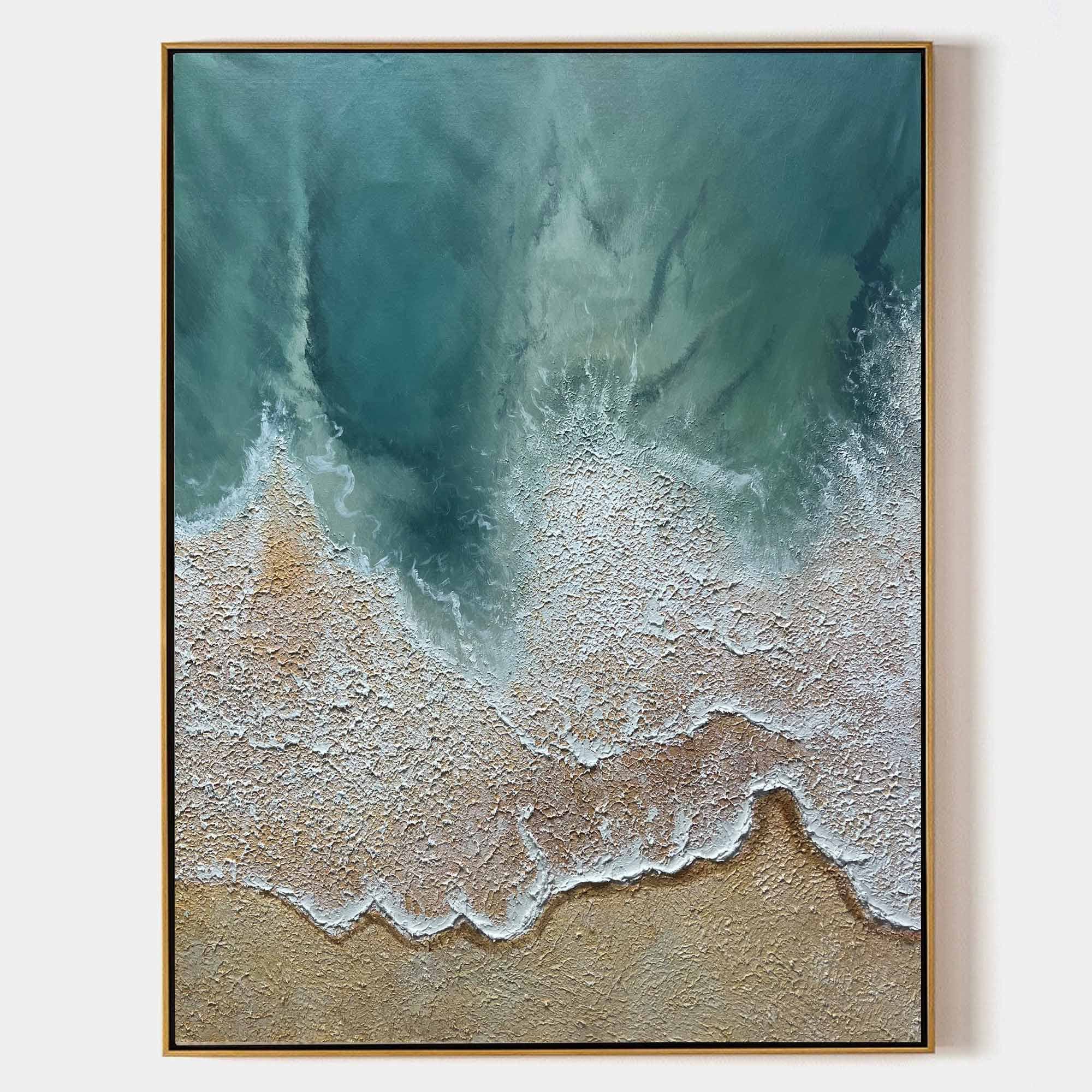 Original hand painted teal blue coastal aerial ocean wave oil painting canvas wall art, nordic scandinavian elegant luxury modern home