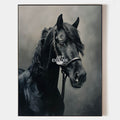 Original hand painted black Friesian horse portrait oil painting canvas wall art, elegant luxury vintage nordic scandinavian modern hom
