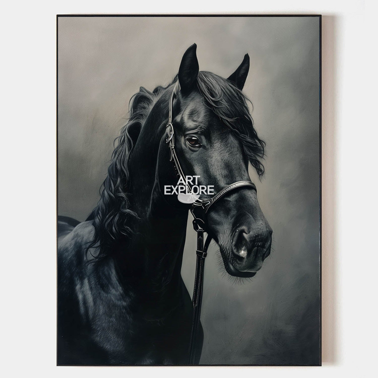 Original hand painted black Friesian horse portrait oil painting canvas wall art, elegant luxury vintage nordic scandinavian modern hom