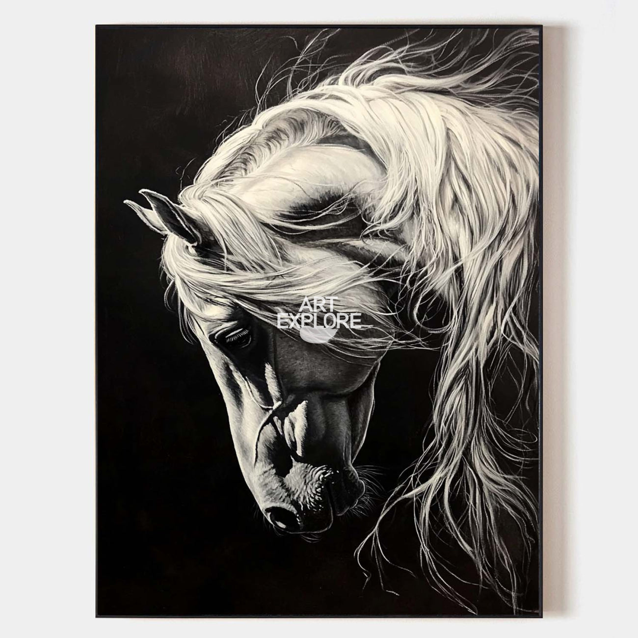 Original hand painted black white horse oil painting canvas wall art, elegant luxury modern nordic scandinavian minimalist interior des