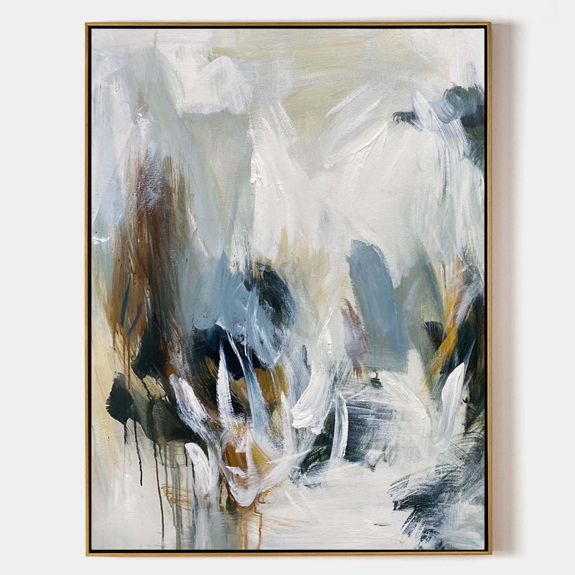 Original hand painted abstract oil painting canvas, misty white navy ochre brushstrokes, nordic scandinavian elegant luxury modern home