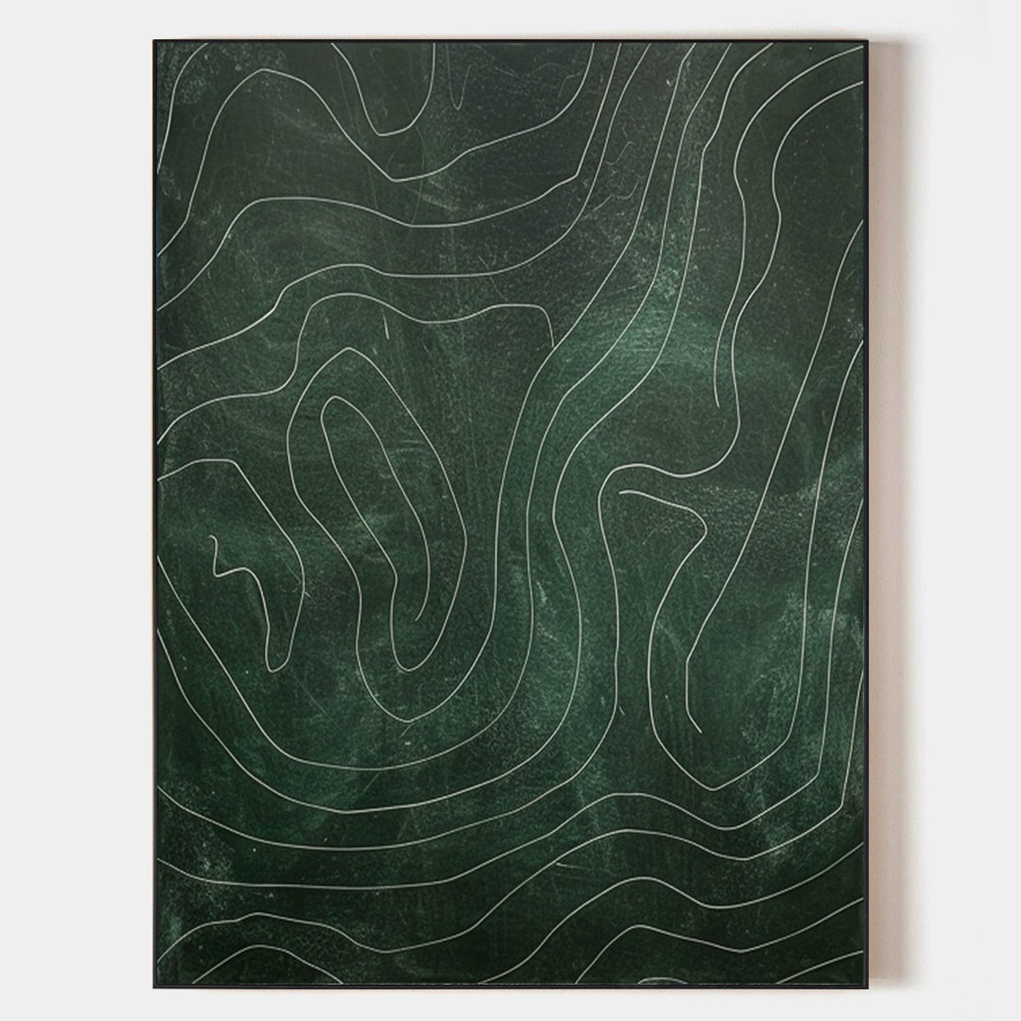Original hand painted dark emerald green topographic abstract oil painting canvas wall art, nordic scandinavian minimalist elegant luxu