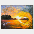 Original hand painted amber gold coastal wave oil painting canvas wall art, modern elegant luxury coastal home decor interior design