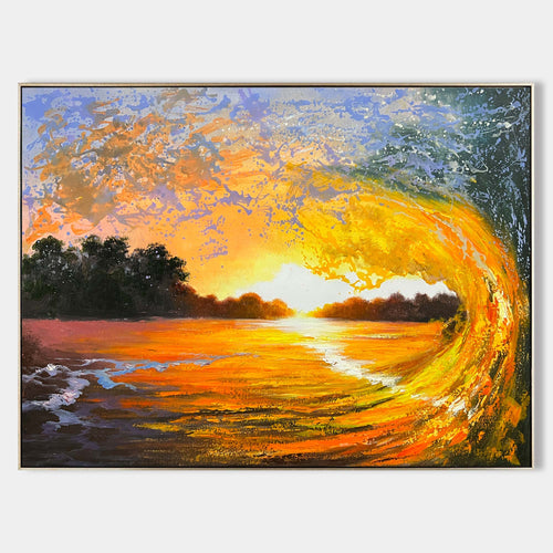 Original hand painted amber gold coastal wave oil painting canvas wall art, modern elegant luxury coastal home decor interior design