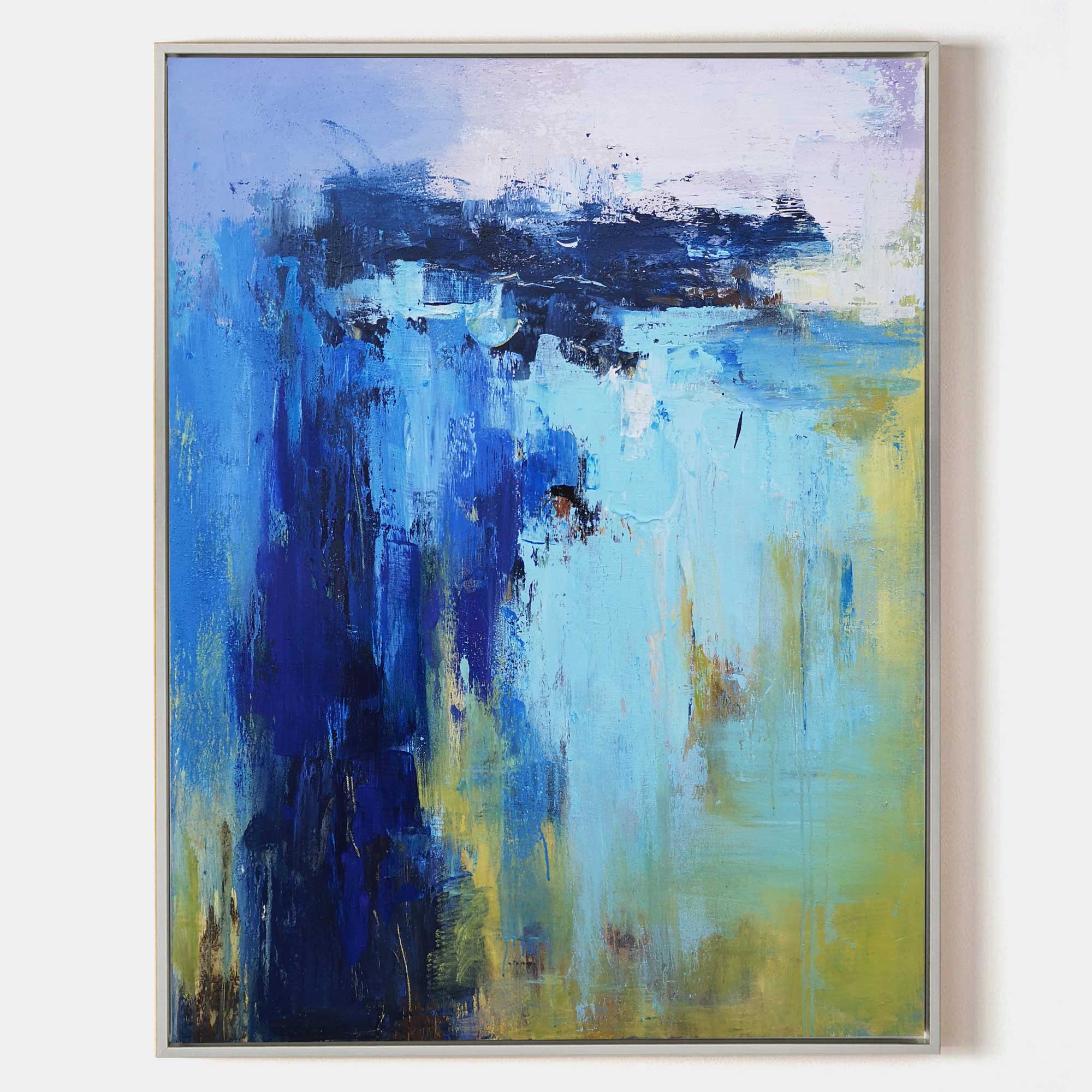 Original hand painted deep blue abstract coastal oil painting canvas wall art, bold cobalt brushstrokes, elegant luxury modern nordic s