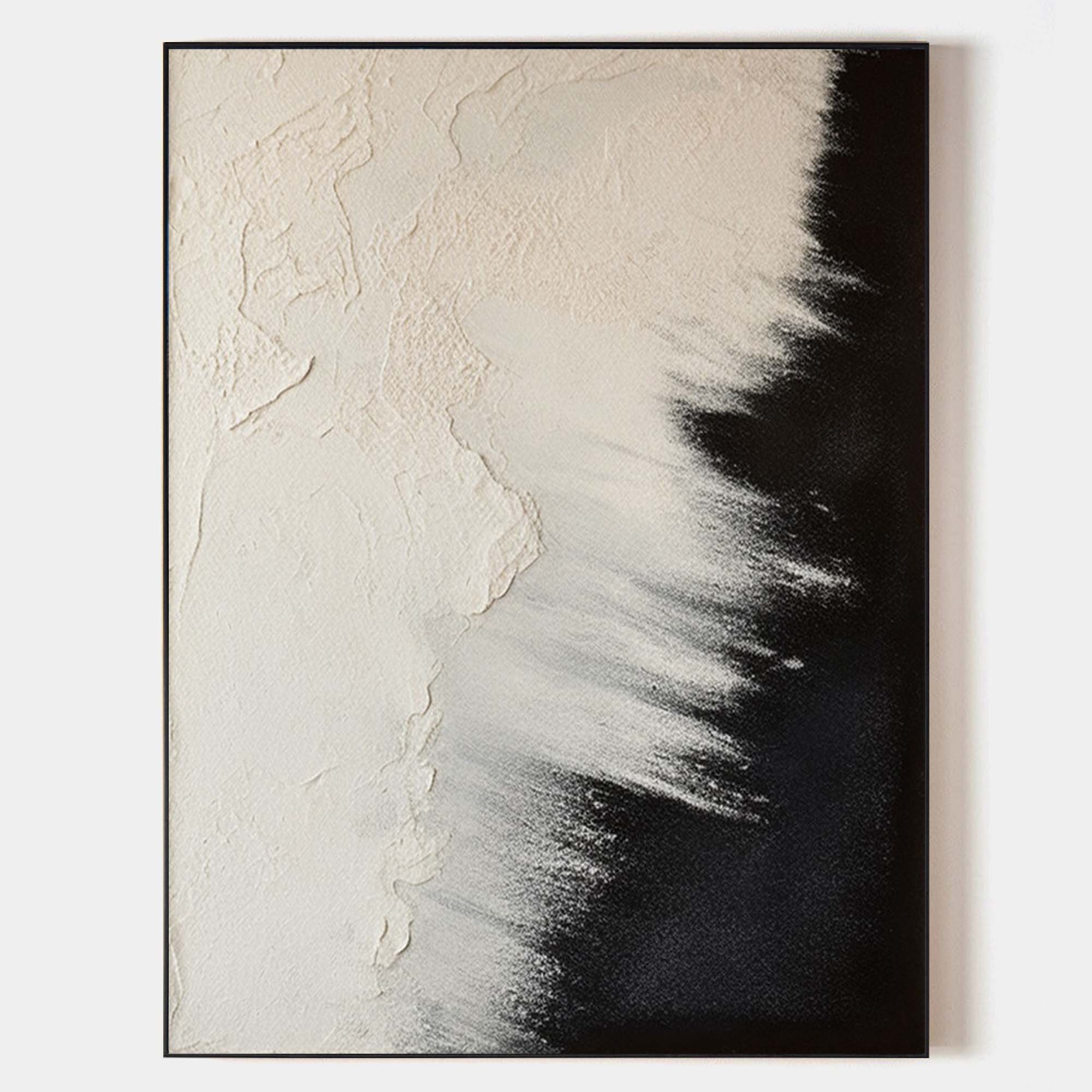 Original hand painted black white abstract oil painting canvas, textured ivory plaster meets sweeping ebony brushstrokes, nordic scandi