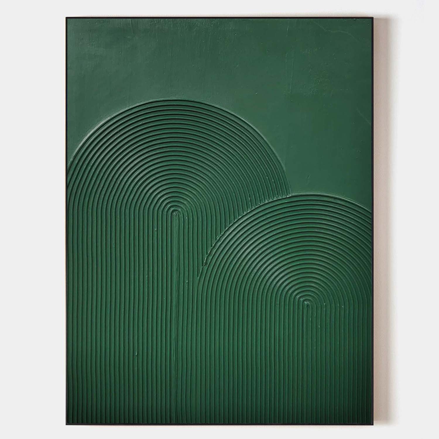 Original hand painted emerald green abstract oil painting canvas, raised concentric arch texture, minimalist nordic scandinavian elegan