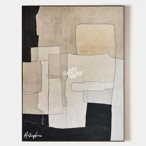 Original hand painted beige ivory black geometric abstract oil painting canvas wall art nordic scandinavian minimalist elegant luxury m