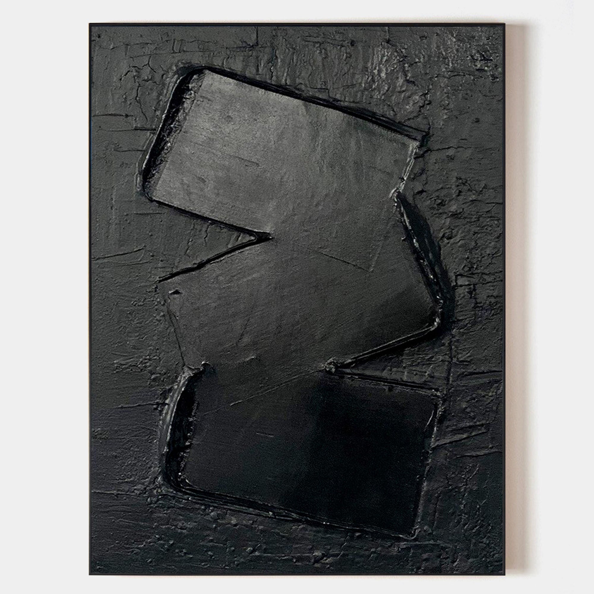 Original hand painted black geometric abstract oil painting canvas wall art, textured nordic scandinavian minimalist elegant luxury mod