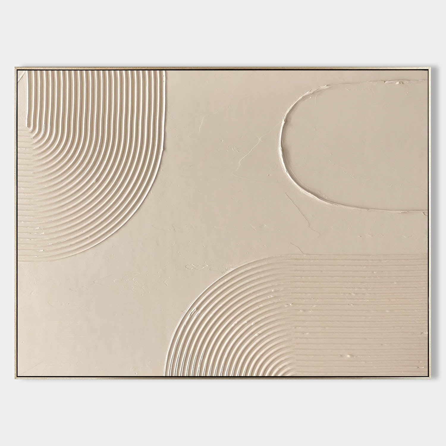 Original hand painted beige ivory textured abstract oil painting canvas wall art, raised concentric lines circle nordic scandinavian mi