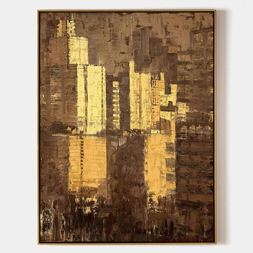 Original hand painted gold amber abstract cityscape oil painting canvas wall art, modern elegant luxury nordic scandinavian home decor