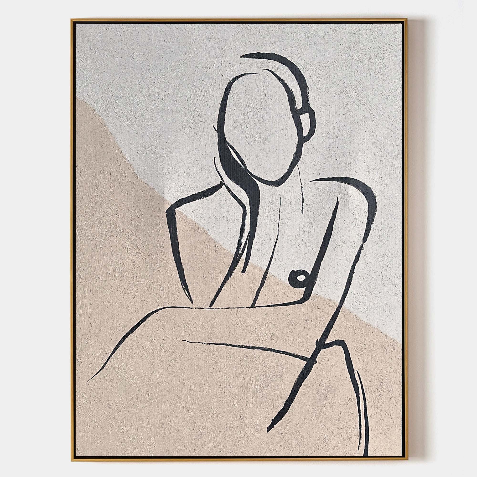 Original hand painted beige ivory minimalist female figure oil painting canvas wall art, nordic scandinavian elegant luxury modern bedr