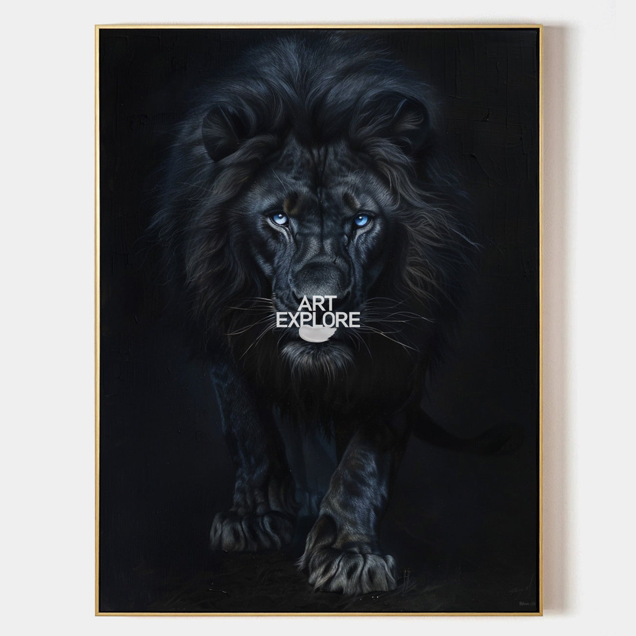 Original hand painted black lion blue eyes oil painting canvas wall art, luxury elegant modern nordic scandinavian dark dramatic home d
