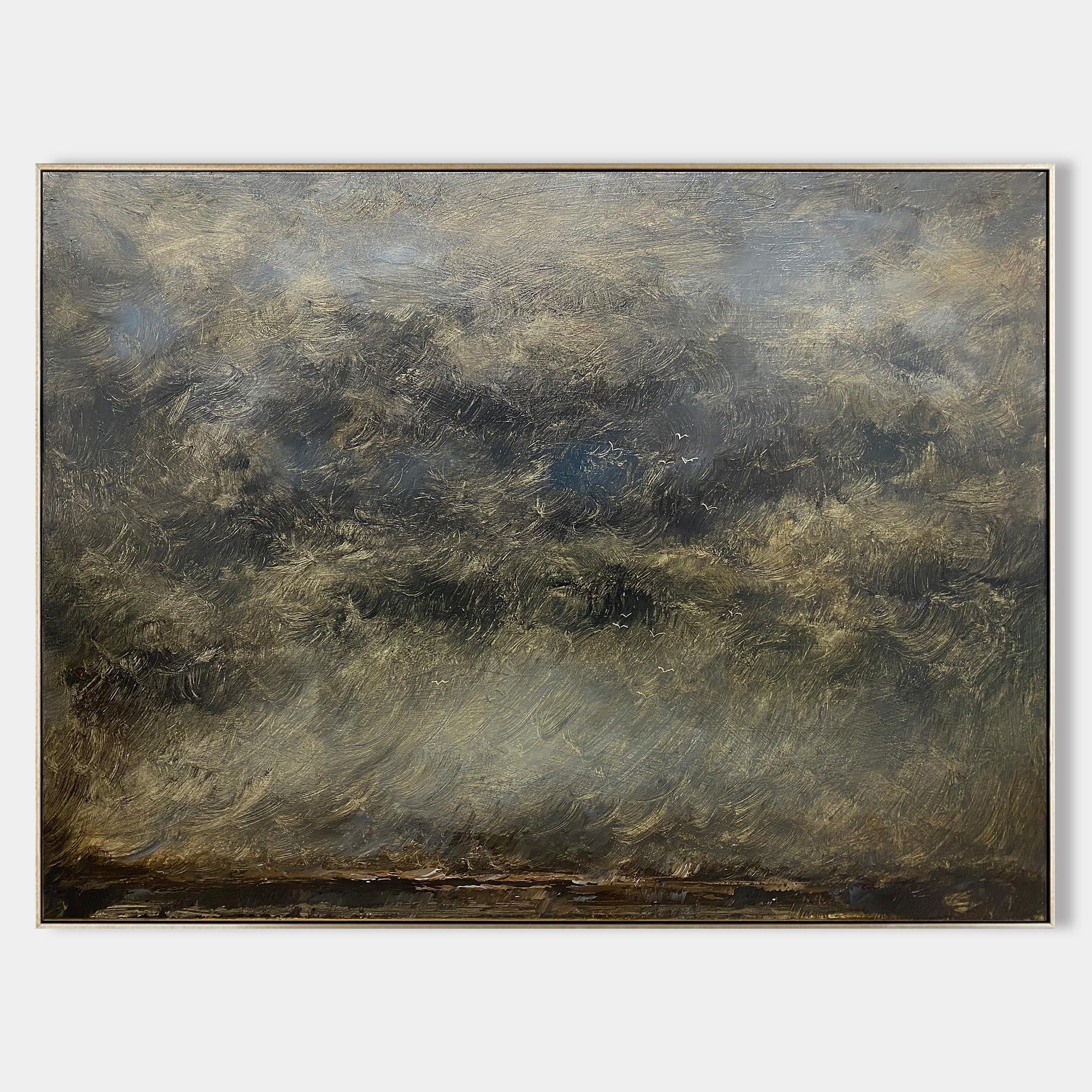 Original hand painted dark stormy cloud abstract oil painting canvas wall art, moody charcoal slate blue nordic scandinavian elegant lu