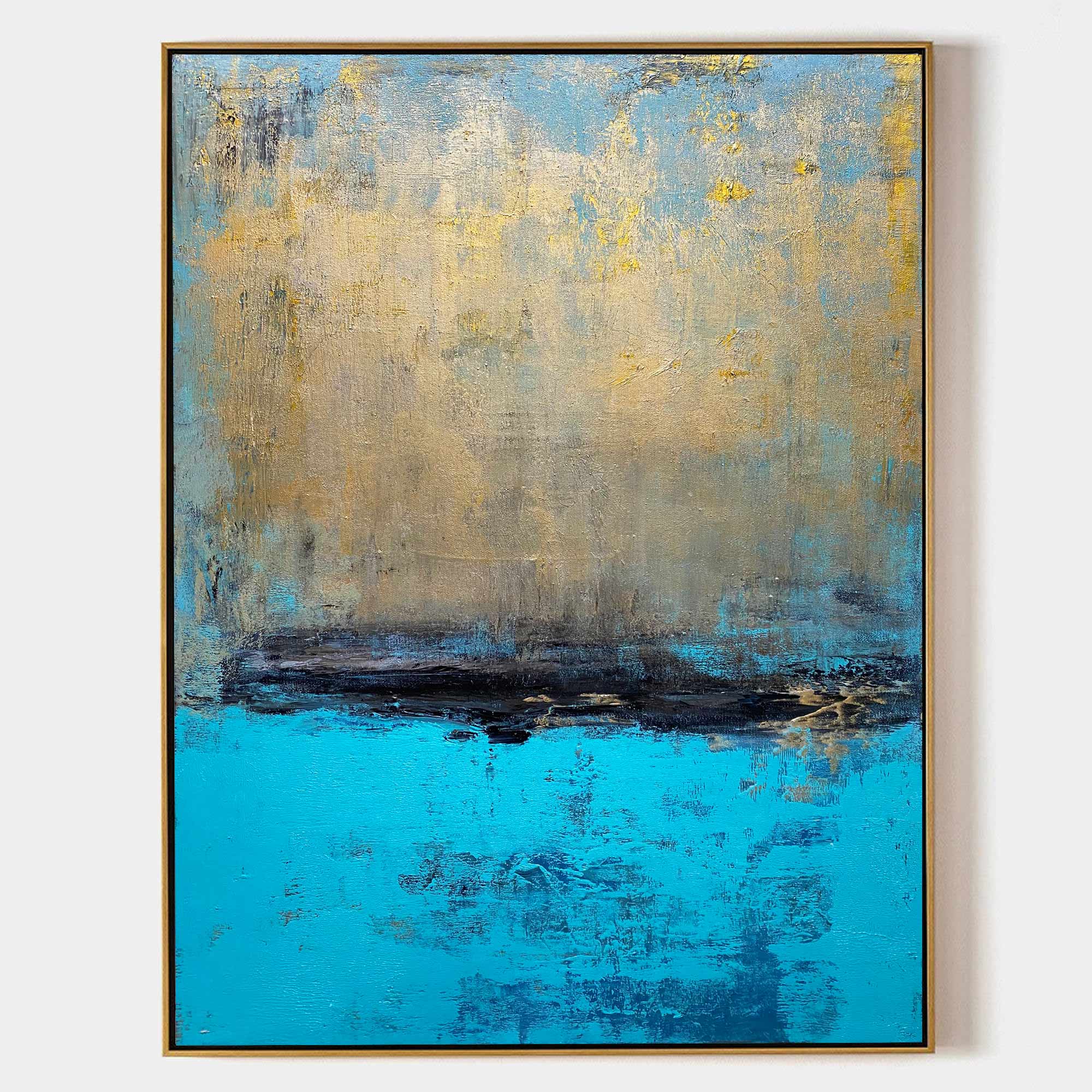 Original hand painted teal blue gold abstract oil painting canvas wall art, nordic scandinavian elegant luxury modern coastal living ro
