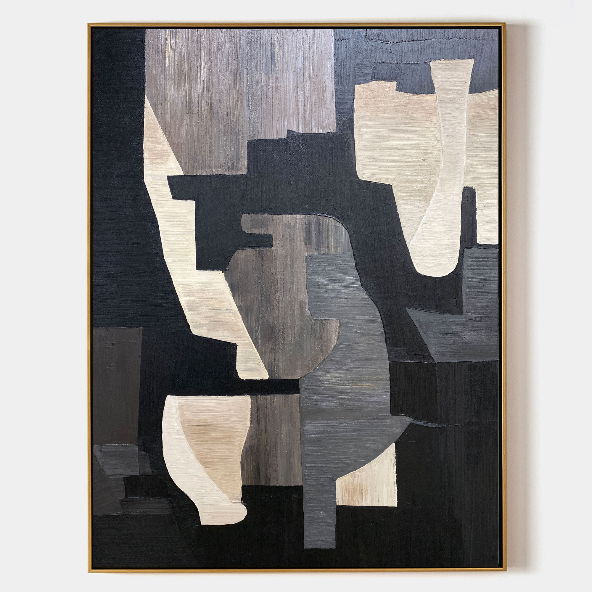 Original hand painted black charcoal ivory geometric abstract oil painting canvas wall art, nordic scandinavian elegant luxury modern l