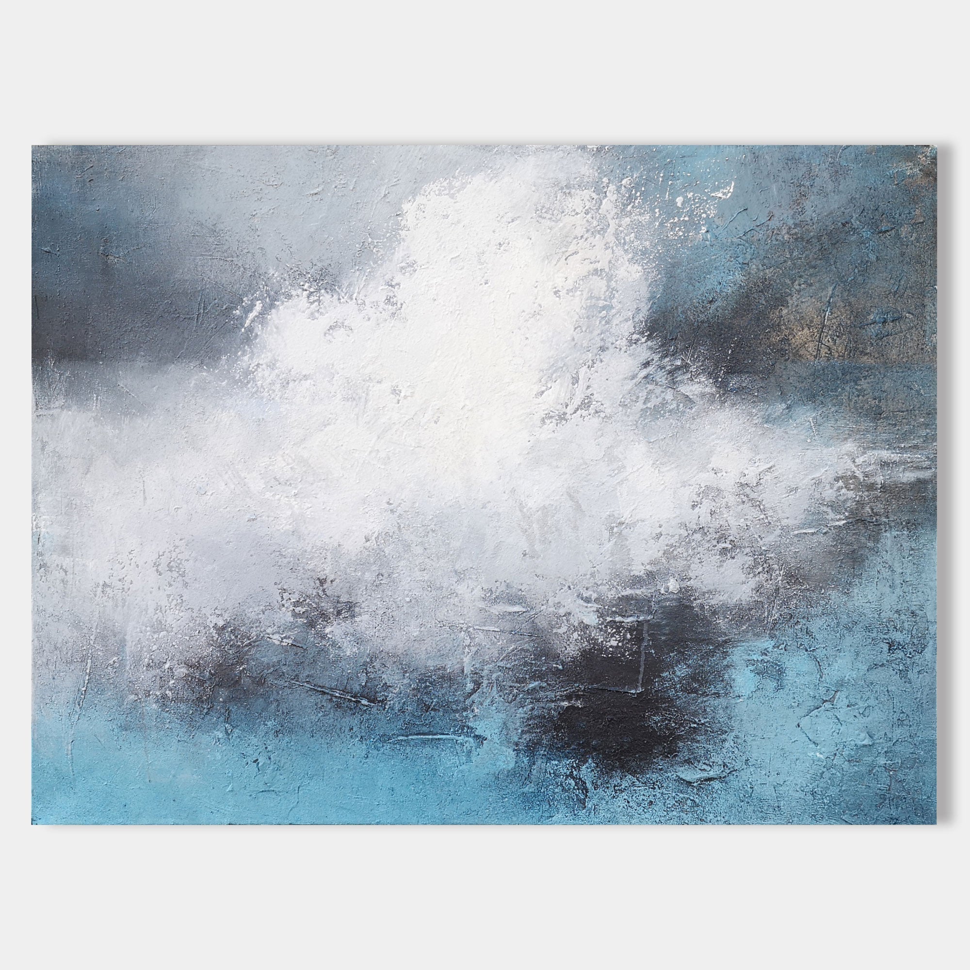 Original hand painted white grey blue coastal abstract oil painting canvas wall art, nordic scandinavian elegant luxury modern living r