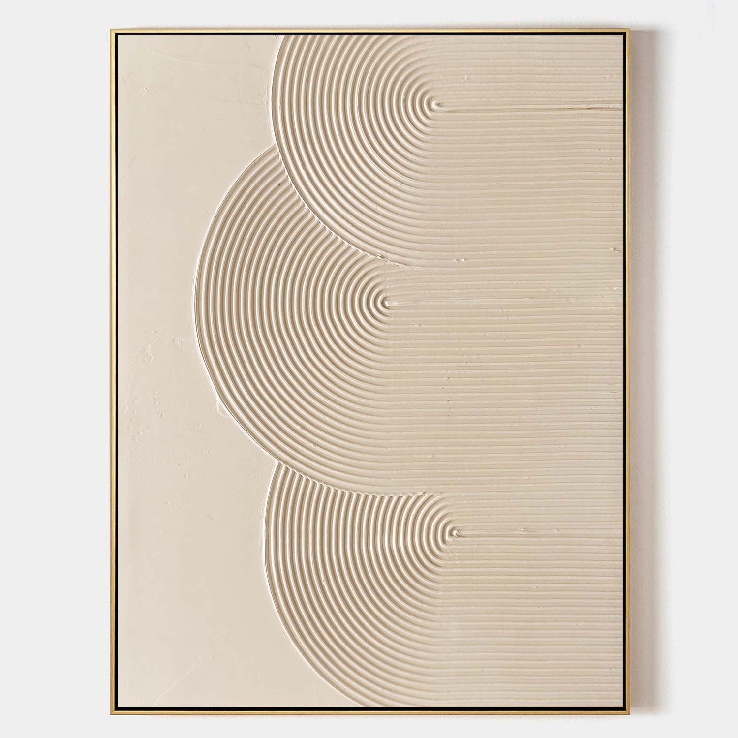 Original hand painted ivory beige textured concentric arc abstract oil painting canvas wall art, nordic scandinavian minimalist elegant
